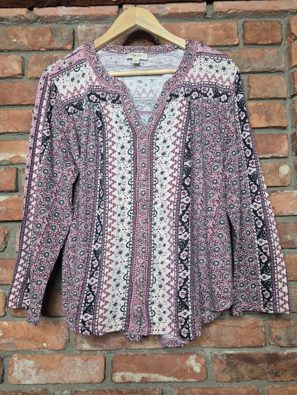 Style & Co. Pink Floral Border Print Cotton Modal Blouse 1X Feminine Cozy